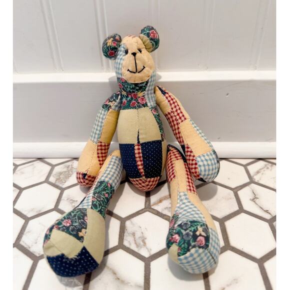 VTG Folk Art Patchwork Bear Figurine Americana Country Shelf Decor Knickknack - Picture 1 of 4